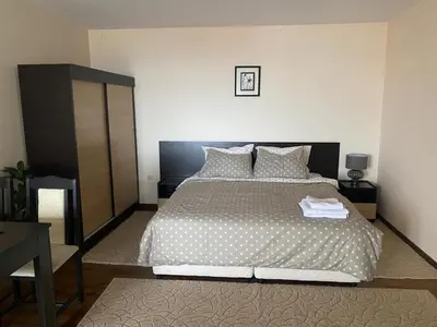 a bedroom with a large bed with a black headboard at Comfortable and affordable big studio in Bansko