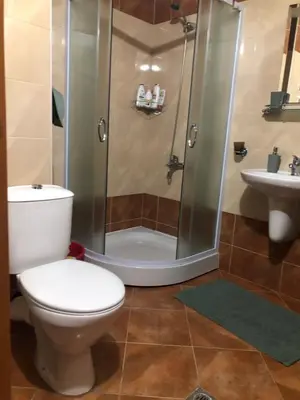 a bathroom with a toilet and a shower and a sink at Comfortable and affordable big studio in Bansko
