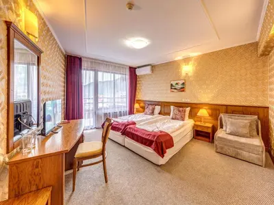 a hotel room with a bed and a desk and a television at Хотел Елит Релакс in Devin