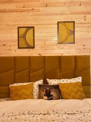 a bed with a brown padded headboard and pillows at Zarevo Glamping Forest Houses in Skobelevo