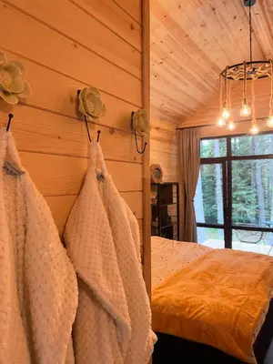 a bedroom with a bed in a wooden wall at Zarevo Glamping Forest Houses in Skobelevo