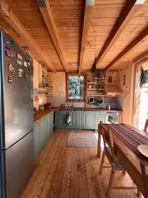 a kitchen with a refrigerator and a wooden ceiling at Cozy frame house in the wood