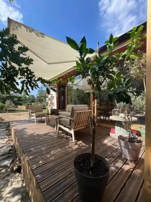 a wooden deck with a potted tree on it at Cozy frame house in the wood