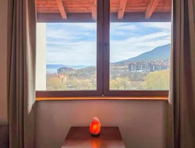 a vase sitting on a table in front of a window at EDEL View! 1BR Ap with Top Mountain View in Bansko in Bansko