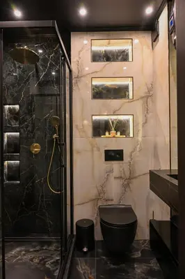 a bathroom with a shower and a black toilet at All Seasons Apartment 2 in Sofia