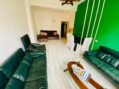 a living room with a couch and a green wall at Comedy Theatre apartments in Sofia