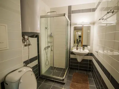 a bathroom with a shower and a toilet and a sink at Apartment with an amazing view - near Bansko in Razlog