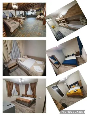 a collage of four pictures of a hotel room at Странската изба in Kalofer