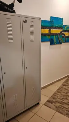 two metal lockers next to a wall with a painting at Mountain View Studio Borovets Hills A60 in Borovets