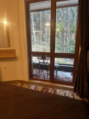 a bedroom with a window with a view of a patio at Winter Lotos Apartment Pamporovo in Pamporovo