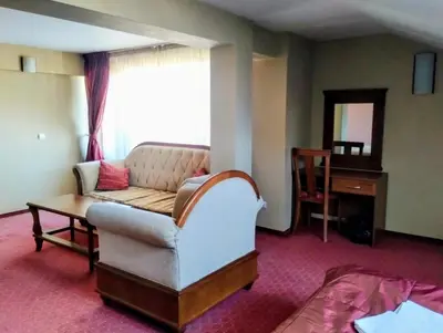 a living room with a couch and a table at хотел София in Bansko