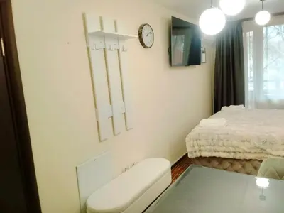 a bathroom with a toilet and a clock on the wall at Luxury studio Perun Lodge in Bansko