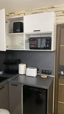 a kitchen with a counter top with a microwave at Luxury studio Perun Lodge in Bansko