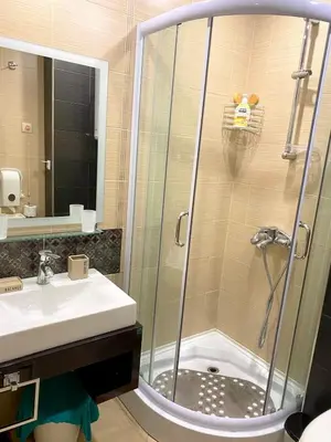 a bathroom with a shower and a sink at Luxury studio Perun Lodge in Bansko