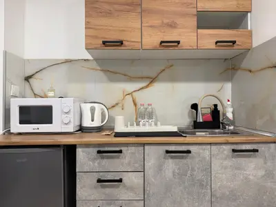 a kitchen counter with a microwave and a sink at Botev MiniHub Hub 2 Modern Studio at Botev 88 in Sofia