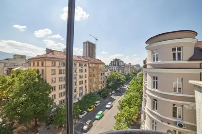 a view of a city street from a building at Heart of Sofia 2 Bdr Elevator Balcony Relax in Sofia