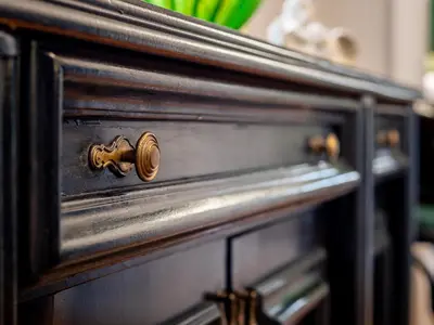 a close up of a wooden drawer with a knob at Central Sofia 2BR Apt City Center Historic in Sofia