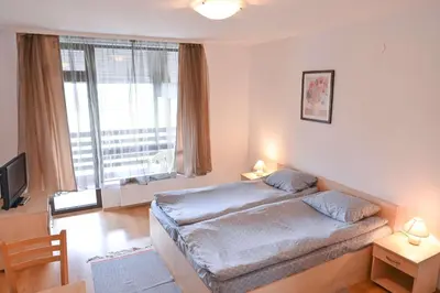 a bedroom with a bed and a large window at Aspen Resort Studio Cozy & Fully Equipped by Flat Manаger in Bansko