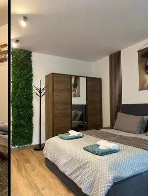 a bedroom with two beds and a green wall at ViVa SPA Retreat in Velingrad