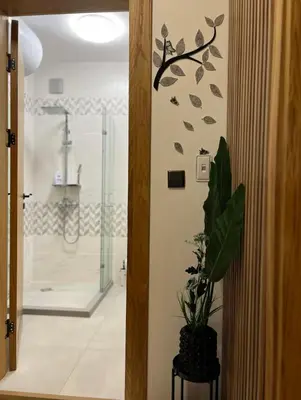 a bathroom with a shower and a glass door with a plant at ViVa SPA Retreat in Velingrad