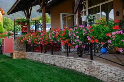 a bunch of flowers on a balcony of a house at Вилен комплекс Дарибел in Sapareva Banya