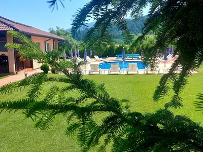 a view of a yard with a pool and chairs and trees at Вилен комплекс Дарибел in Sapareva Banya