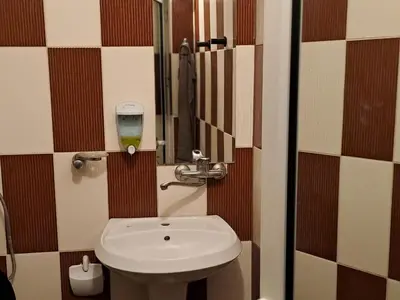 a bathroom with a white sink and a mirror at Guest House The House in Plovdiv