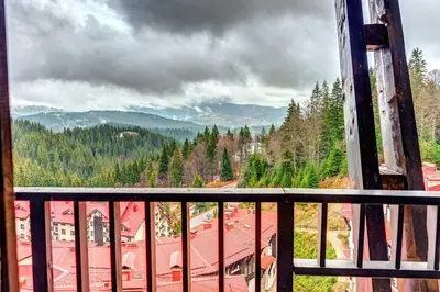 a view from a balcony of a building with trees at Alpine Comfort at Grand Monastery in Pamporovo