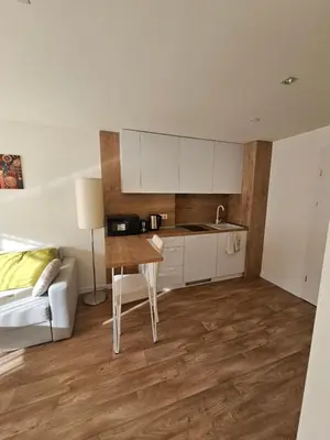 a kitchen with a couch and a table in a room at Sunlit Forest Suite in Borovets