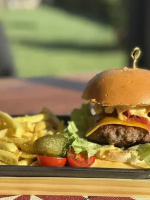 a plate of food with a hamburger and french fries at Мотел КОМПЛЕКС GRILL and CHILL in Levunovo