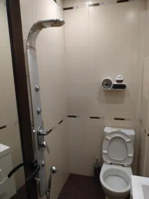 a small bathroom with a toilet and a shower at Apartment near Bulgaria Boulevard in Sofia