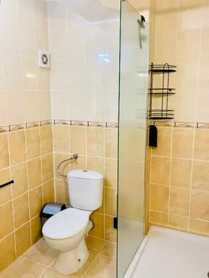 a bathroom with a toilet and a glass shower at Spacious & Classy 2BDR Apartment with 2 Baths in Plovdiv Centre in Plovdiv