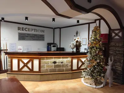 a reception area with a christmas tree in a room at Замъка in Pamporovo