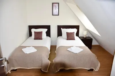 a bedroom with two beds with pillows on them at Dreaming apartment with tree Mountain view in Borovets