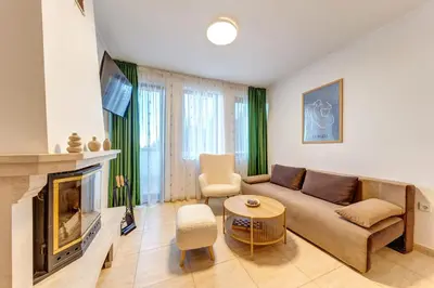 a living room with a couch and a fireplace at Two-bedroom Apartment in the Heart of the Rhodopes in Pamporovo