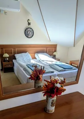 a bedroom with a large mirror and two beds at Mountain view apartment at Emerald Hotel in Bansko