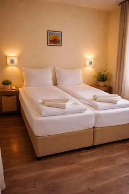 a large white bed in a room with two pillows at Хотел Ривърсайд Анекс in Bansko