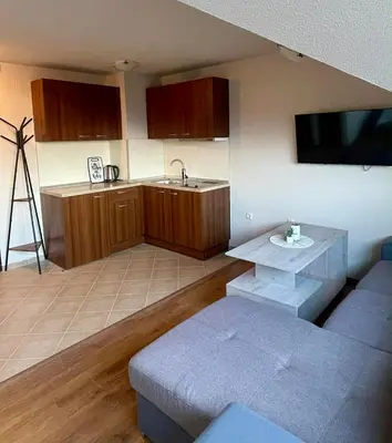 a living room with a couch and a kitchen at ElGora Studio в Apart Hotel Comfort in Bansko