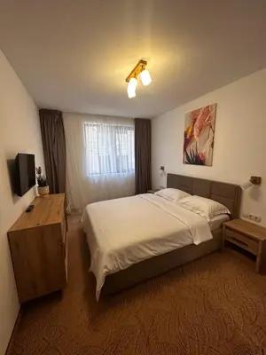 a bedroom with a large bed and a television at Apartment 35 Mountain Lodge Pamporovo in Pamporovo