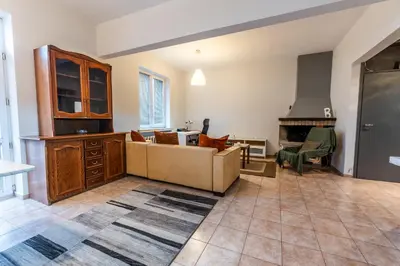 a living room with a couch and a stove at Gurko Finest in Sofia
