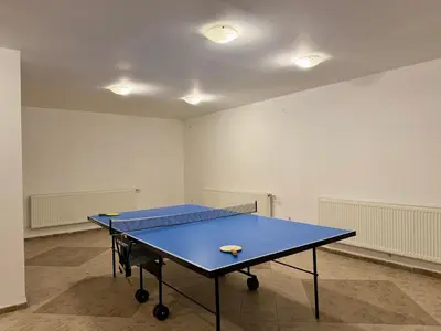 a blue ping pong table in an empty room at Deluxe Apartment 34 Mountain Lodge Pamporovo in Pamporovo