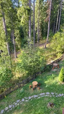 a picnic table and two benches in a forest at Apartments Pamporovo, Green life apartment hotel in Pamporovo