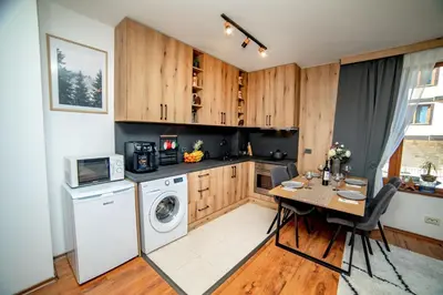 a kitchen with a table and a washing machine at Pirin SkiLift Apartment - Cozy & Modern App in Bansko, 100 m to the Gondola in Bansko