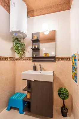 a bathroom with a sink and a potted plant at Free parking 1BR Tokuda Lozenets in Sofia