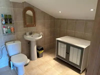 a bathroom with a toilet and a sink and a mirror at Relyovo Lodge in Relyovo