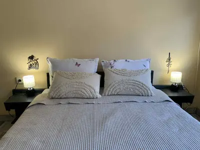 a bed with two pillows and two lamps on tables at Пътепис in Bratsigovo