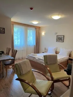 a bedroom with a bed and a table and chairs at Апартаменти за гости Алекс in Pamporovo