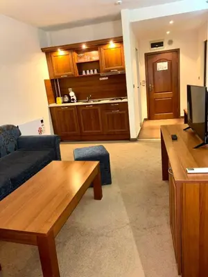 a living room with a couch and a table at Еmerald Apartment Complex in Bansko