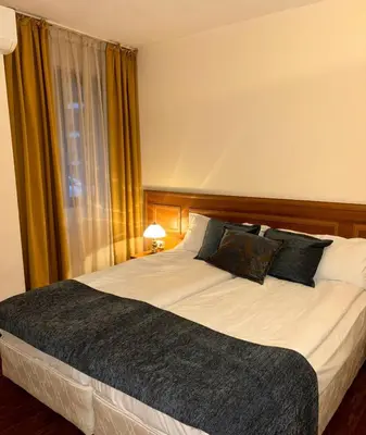 a large bed in a bedroom with a window at Еmerald Apartment Complex in Bansko
