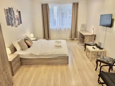 a bedroom with a large bed and a window at Top Centre 2BDR Apartment for 4 Guests next to Theater Tear and Laughter in Sofia